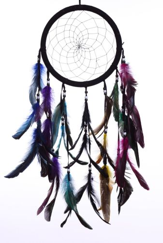 8.5" Black Dream Catcher with Multi-Color Feathers