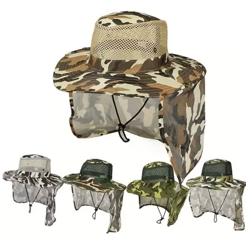 Camo Safari Hat with Neck Veil 62 cm