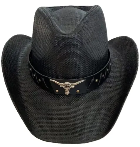 Adult Cowboy Hat: Black w/ Steer Head