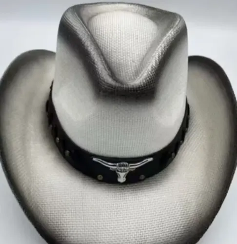 Adult-Cowboy Hat: White/Black with Steer Head