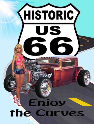 8x12 Metal Sign "Rt 66 Hot Rod & Woman"